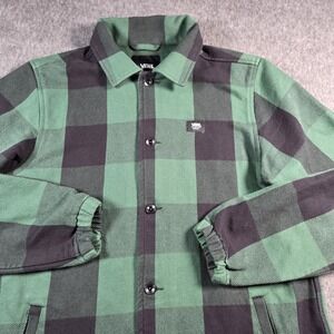 Vans Jacket Mens Medium Green Black Buffalo Check Fleece Lined Coach Shacket